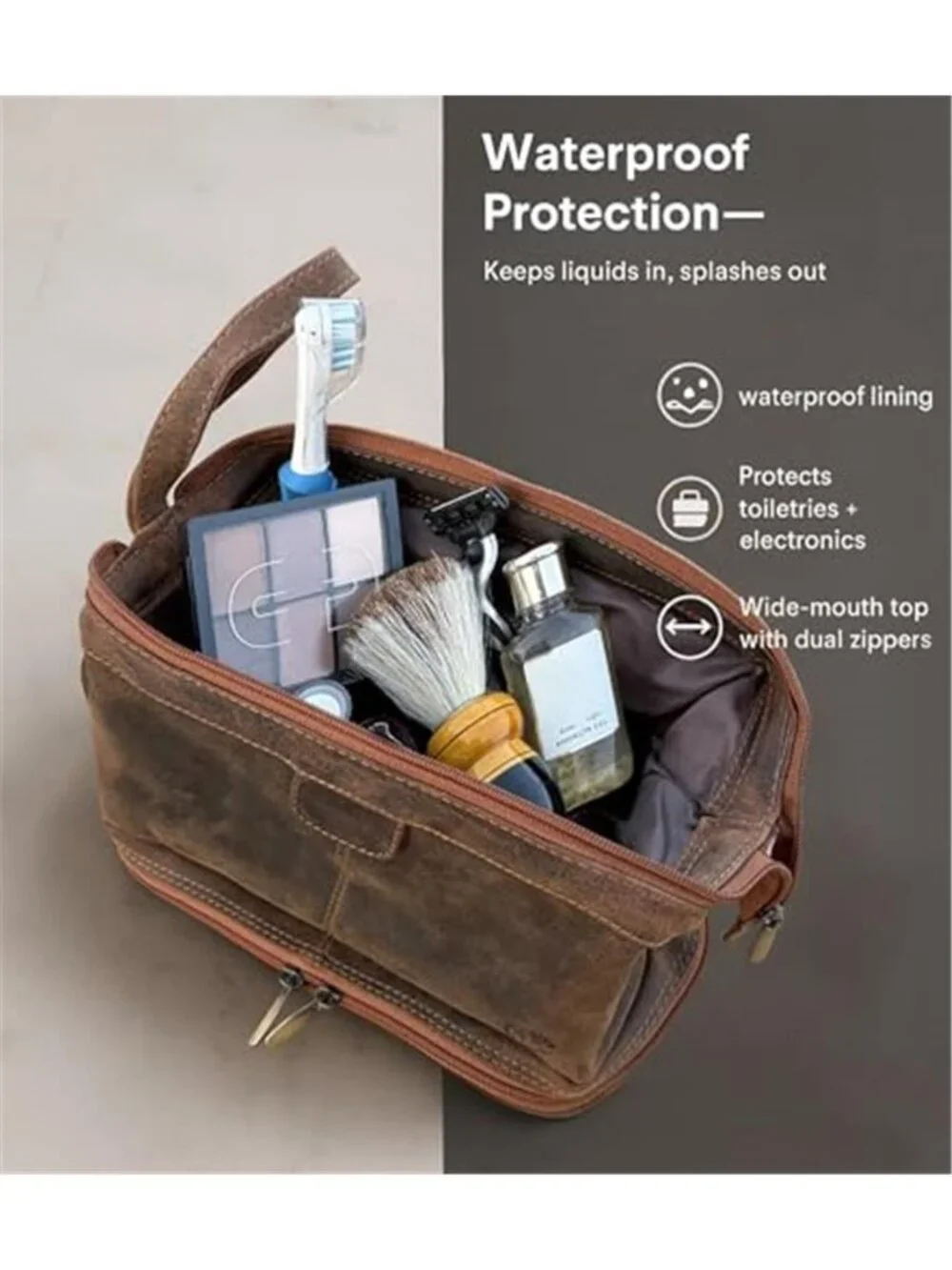 Mens Full Grain Leather Toiletry Bag Travel Dopp Kit Shaving Organizer Wash Bag